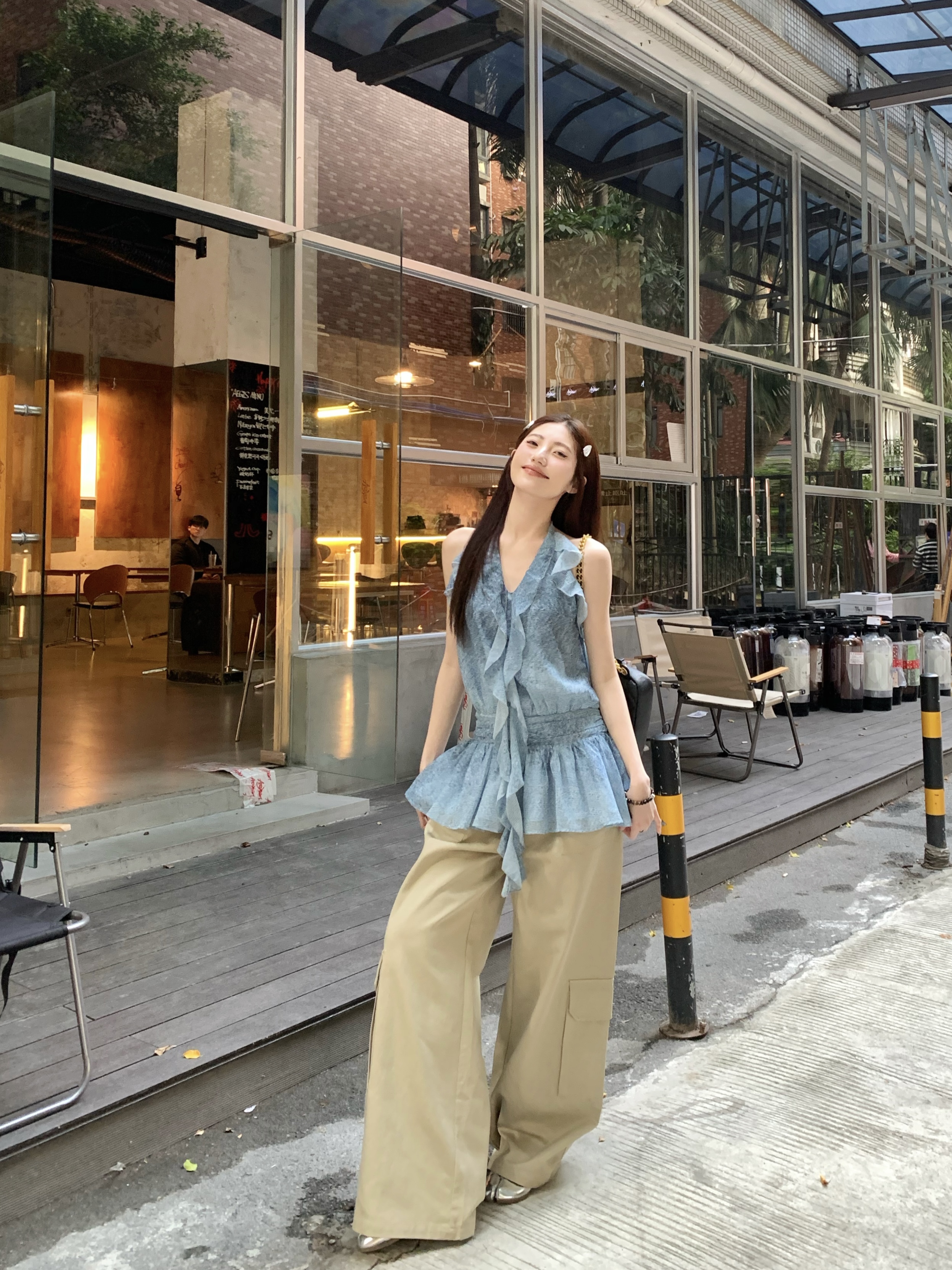 Real photo cool girl black ears suspender lace-up top air-feeling wide-leg work pants drape loose set