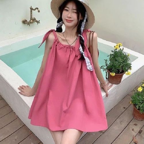 Summer dopamine new fashionable sleeveless drawstring lace-up bow mid-length sweet solid color suspender top trendy