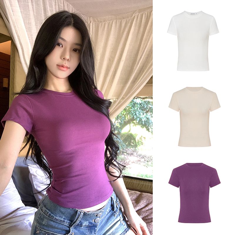 Real shot - 220g combed cotton breasts showing large waist and shoulders T-shirt white short-sleeved hot girl short base shirt