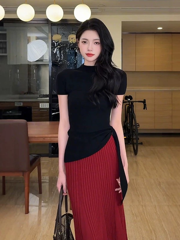 Pure desire style half high neck streamer black short-sleeved T-shirt for women in spring and summer new slim fit slim inner bottom shirt top
