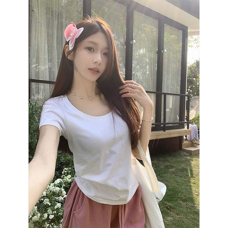 Real photo-pure cotton U-neck front shoulder slim short-sleeved T-shirt 2025 summer versatile loose thin top