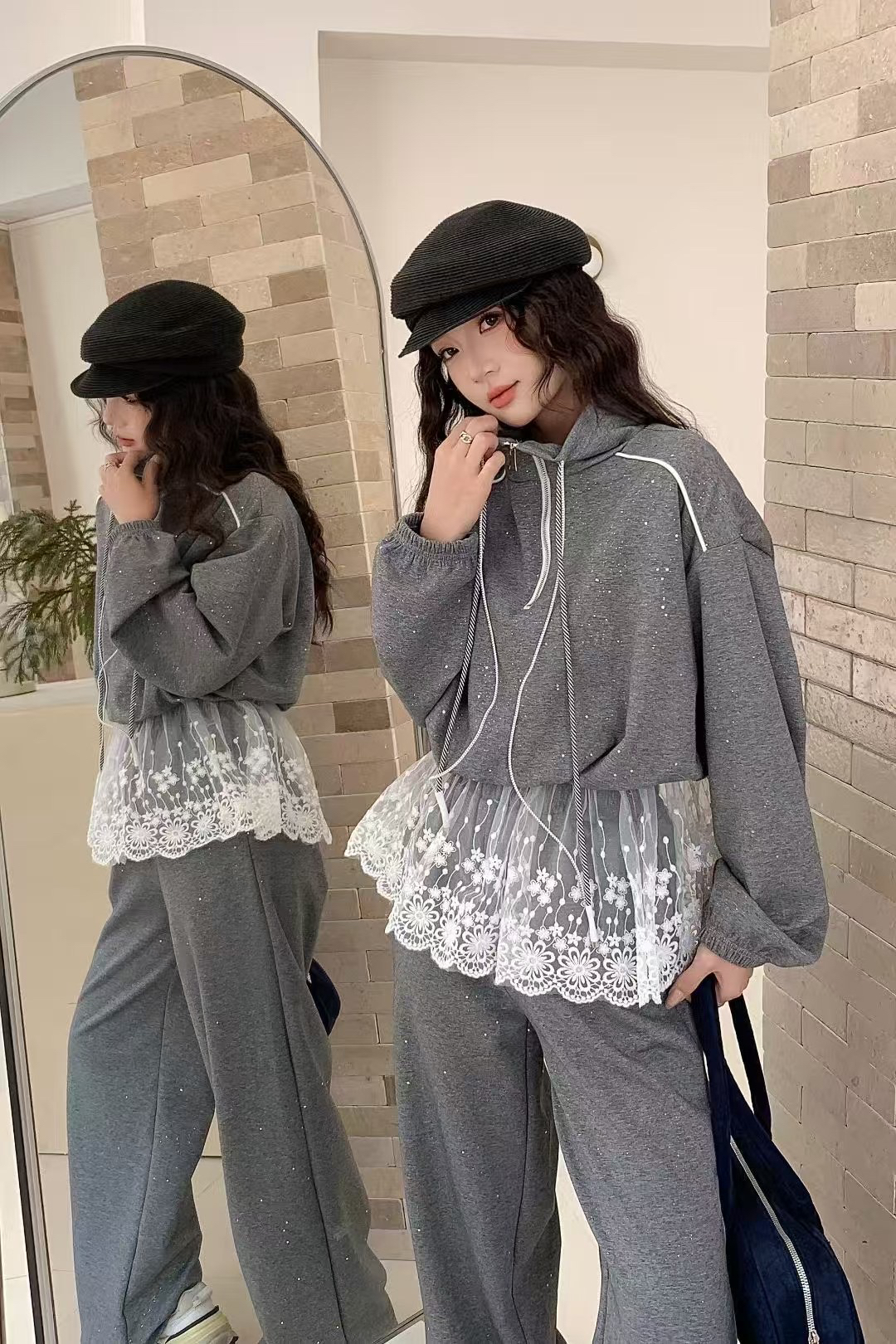 2025 spring new Korean style fashion casual sports suit women loose slim sweatshirt wide-leg pants two-piece set