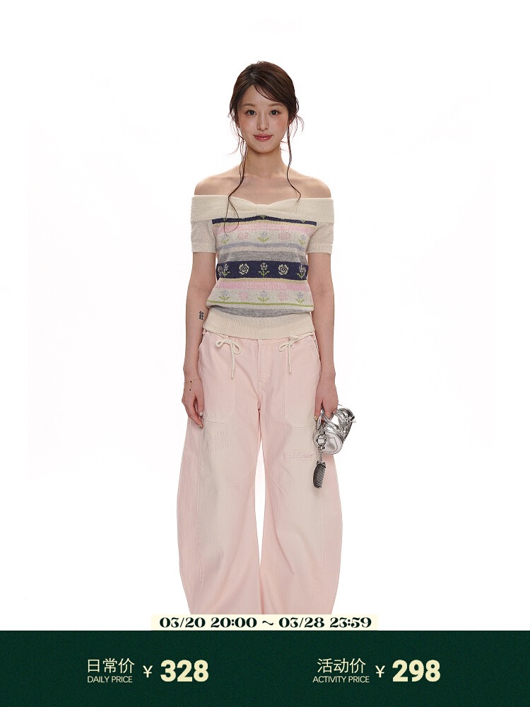Moromoro spring and summer colorful striped flowers retro jacquard thin transparent bow one shoulder knit short-sleeved top