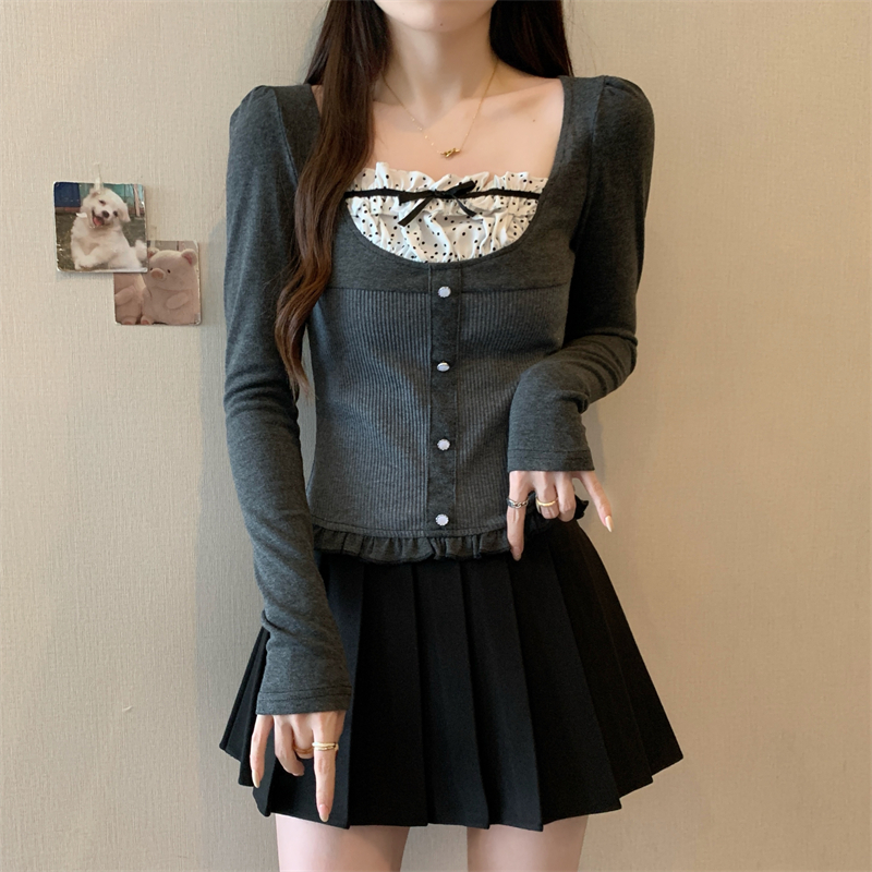 Real shot of square collar sweet and spicy polka dot splicing fake two-piece long-sleeved T-shirt French design niche button lace top