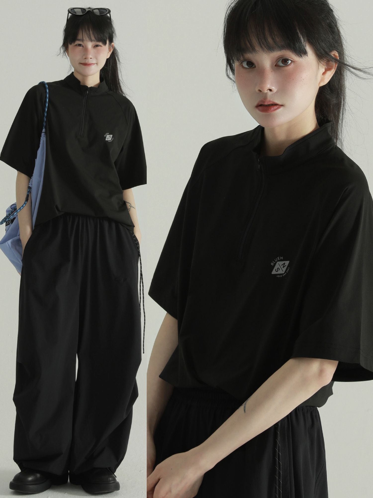 190g quick-drying fabric reflective half zipper stand collar short-sleeved T-shirt ice silk cool feeling sports couple half-sleeved men and women summer