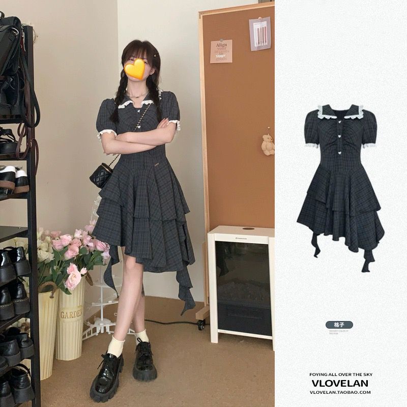 2025 summer Korean temperament doll collar plaid dress sweet and gentle style waist-hugging and slimming tail cake skirt