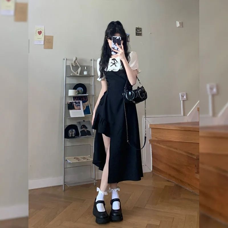 Fake two-piece pull rope waist-retracting irregular slit dress new pure and niche design high-end dress