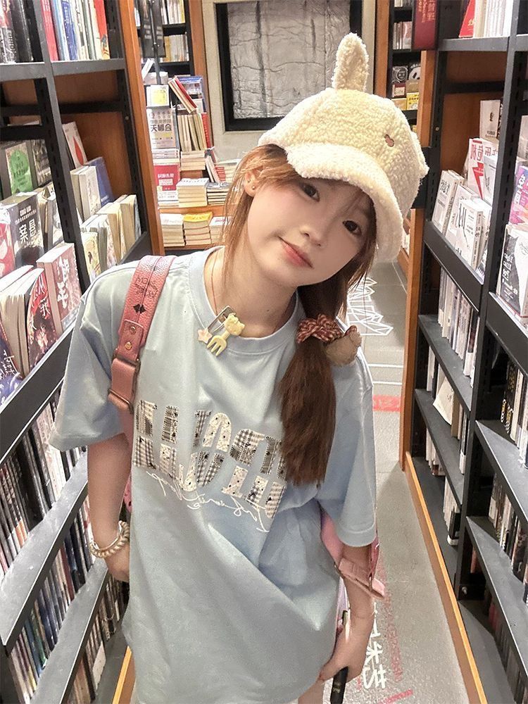 Original embroidery 230g pure cotton back collar shoulder American high street loose niche short-sleeved T-shirt top for women