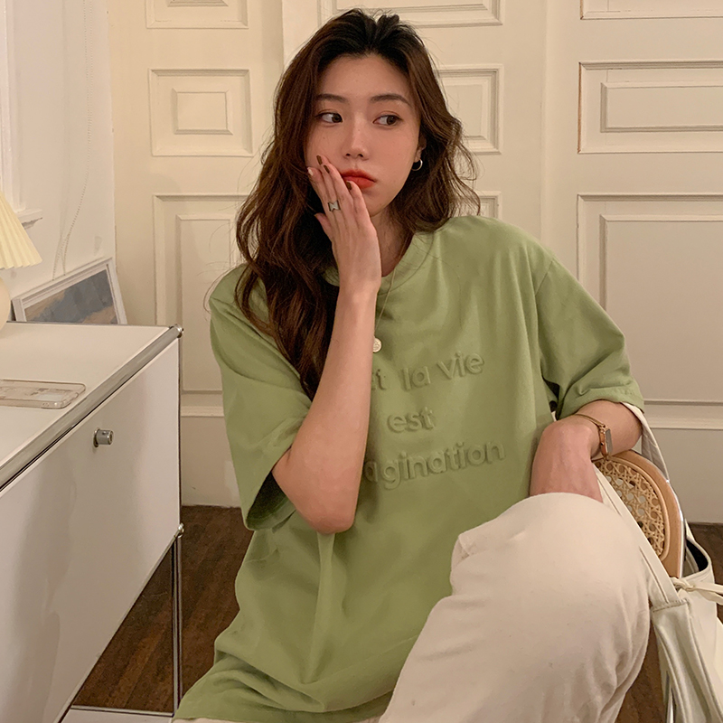 Real shot 6535 tie-up cotton 2025 spring and summer new 3D concave three-dimensional letter short-sleeved T-shirt for women