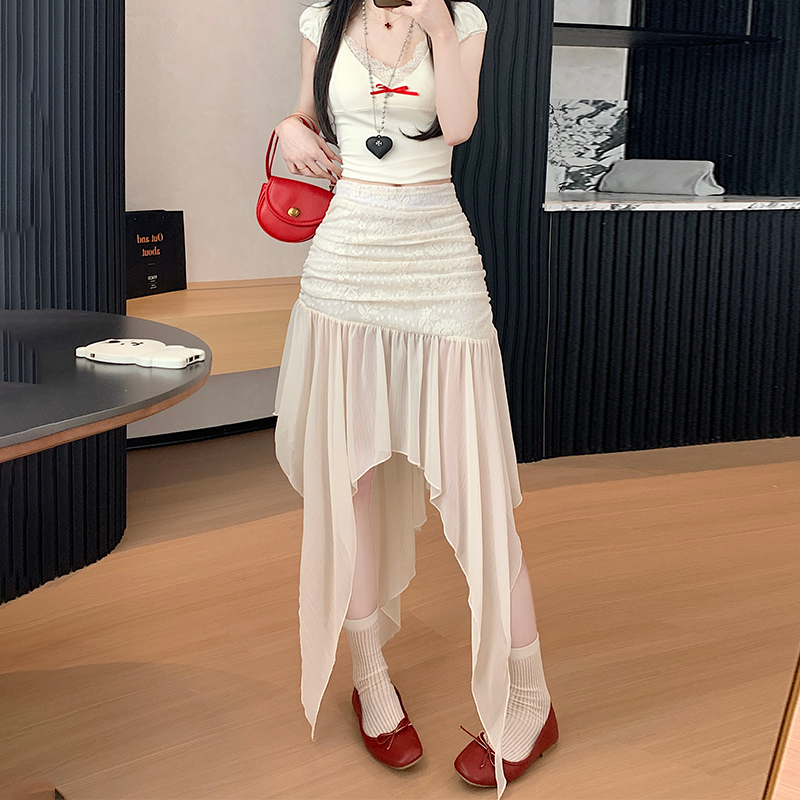Real shot, design-sensual apricot lace spliced ​​mesh irregular mid-length skirt, versatile spring and summer fairy skirt