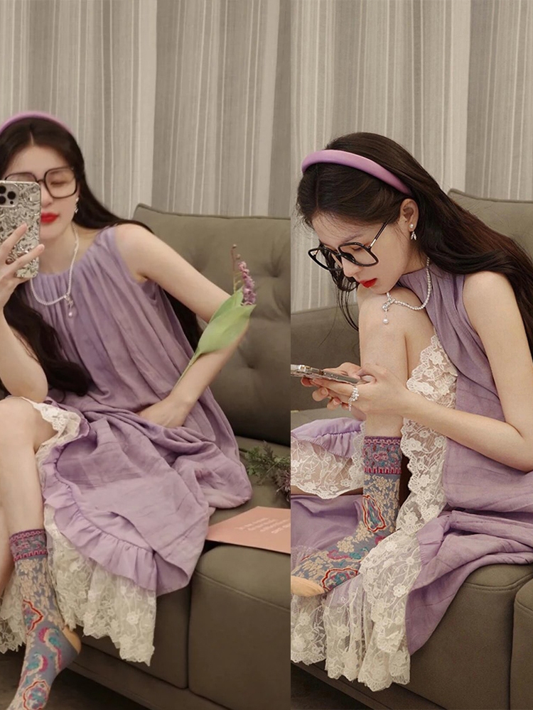 Atmosphere lace spliced ​​sleeveless dress for women in summer new vacation style slim and unique niche long skirt trendy