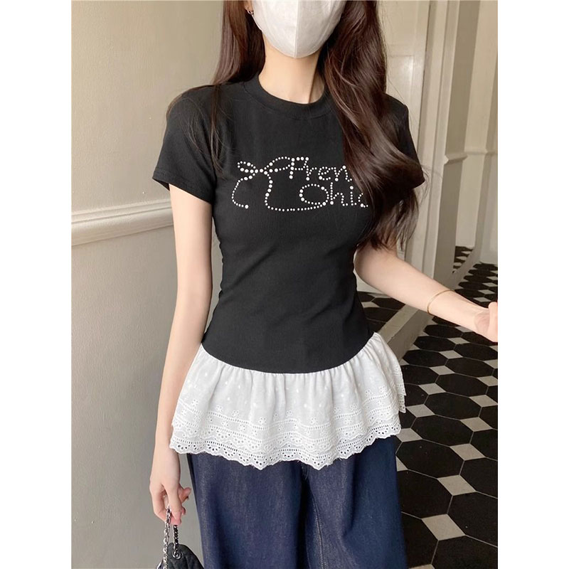 Original lace lace short-sleeved T-shirt in summer new lace spliced ​​slim-fitting shoulder short top