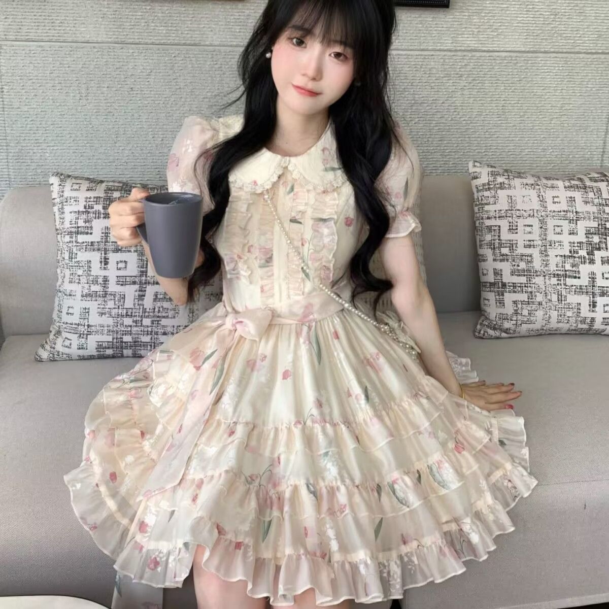 Sweet age-reducing tulip printed doll collar multi-layer skirt dress summer