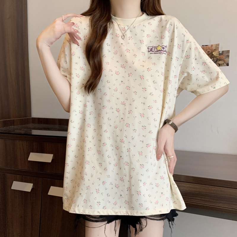 Real shot 21 pure cotton high-tight 200 short-sleeved T-shirts for women, printed foam, long style