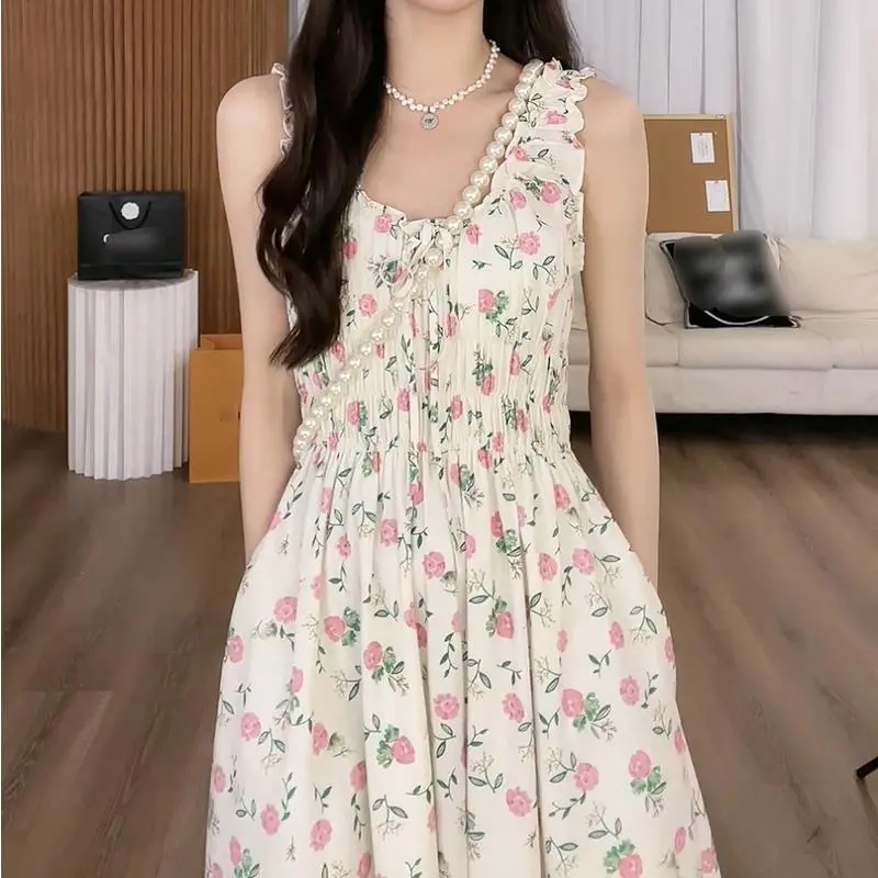 Summer gentle sweet wind romantic fresh pink floral dress design sense fashionable sleeveless suspender long skirt for women