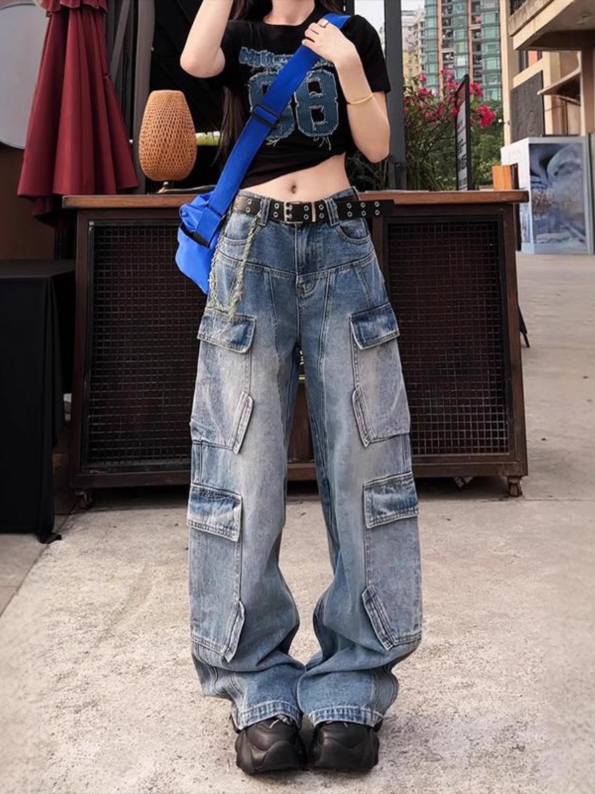 American large pocket work pants for women in spring and autumn straight pants high waist slimming floor pants heavy industry jeans extended trousers