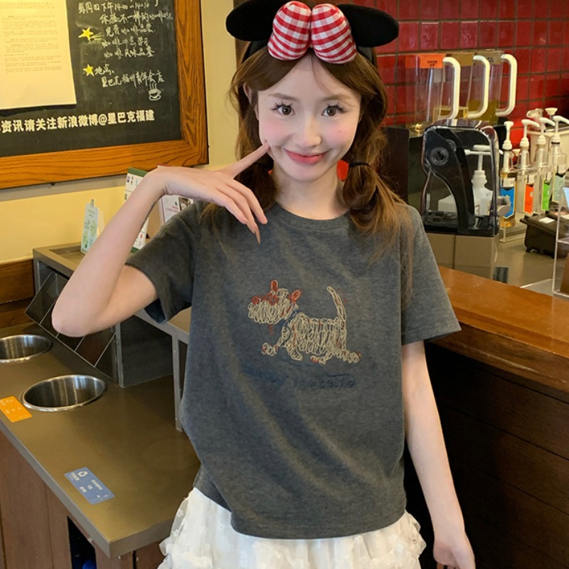 Real shot 220g water soft cotton short-sleeved T-shirt for women's summer 2025 new embroidered short slim-fitting round neck top