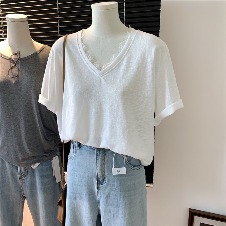 Official picture of snowflake cotton simple solid color V-neck lace short-sleeved T-shirt for women in summer loose Korean style thin base shirt