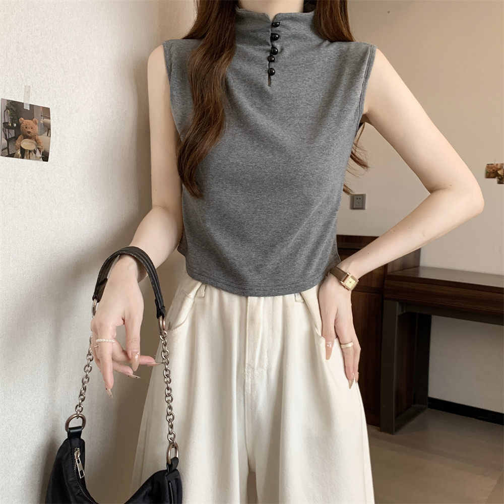 Real shot 40 pure cotton 210g 92 cotton/8 spandex half high neck sleeveless T-shirt for women