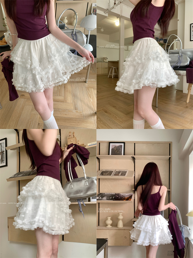Real shot Korean French white lace fluffy skirt spring and summer irregular high-waist cake skirt short skirt
