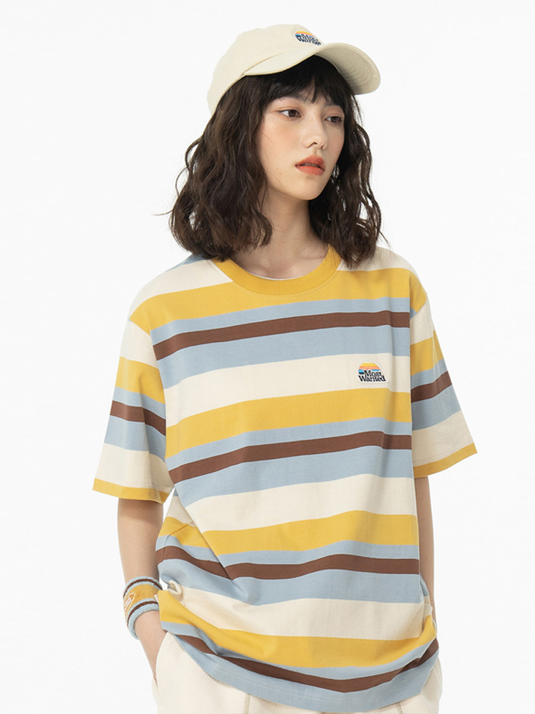 220g heavy pure cotton rainbow contrast striped short-sleeved T-shirt for summer loose couples short-sleeved