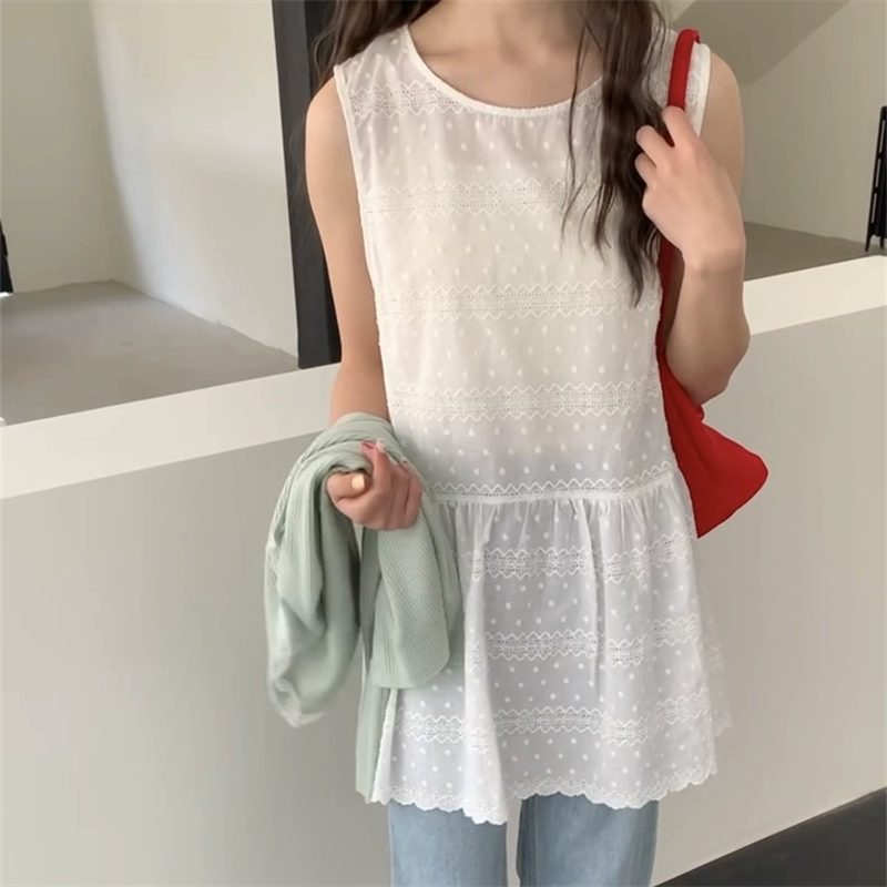 2025 spring and summer new Korean style, sweet white hollow mid-length layered inner versatile vest lace skirt