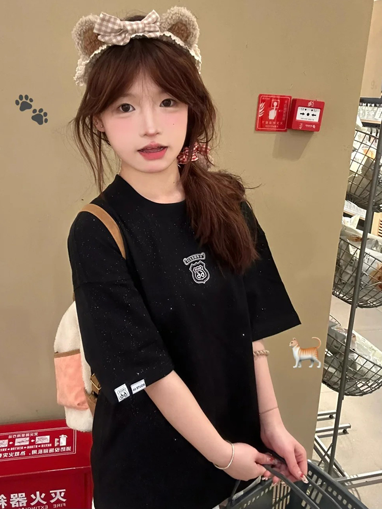 Star sequins + embroidery + placing 19 230g pure cotton back collar bag shoulder loose couple short-sleeved T-shirt