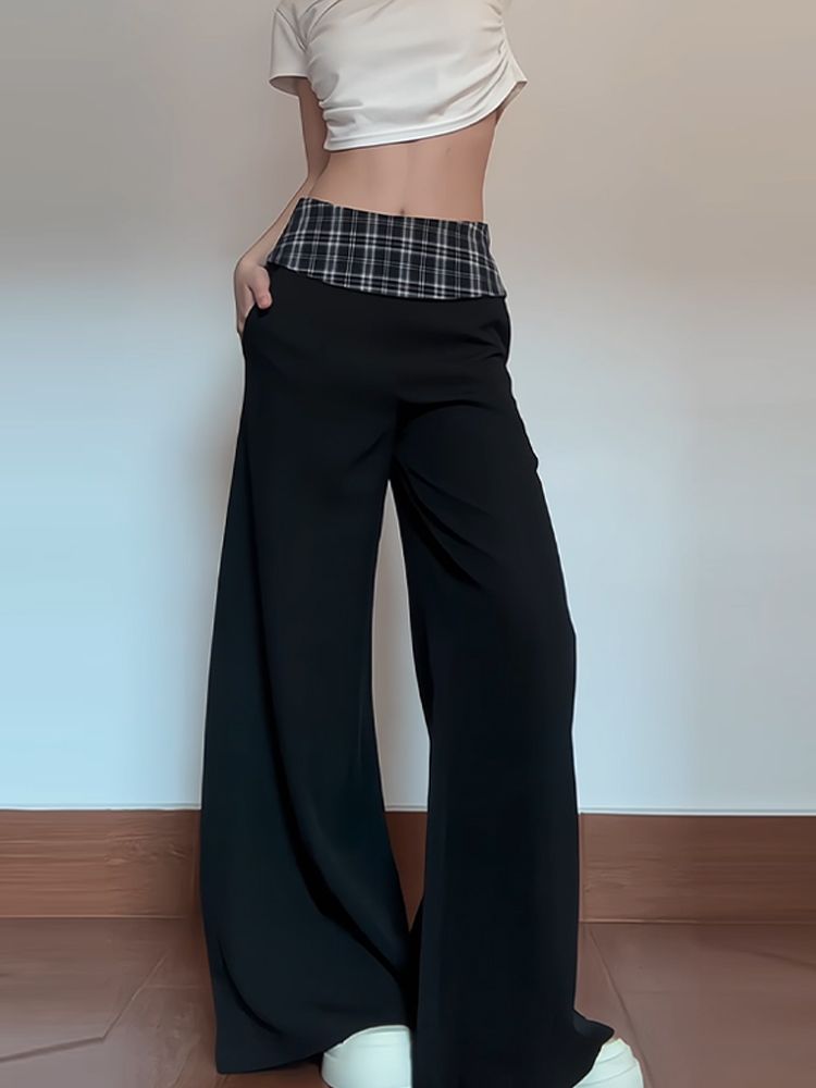 Black plaid spliced ​​mid-waist droop American suit trousers for women in early spring design slim straight floor-moving casual pants
