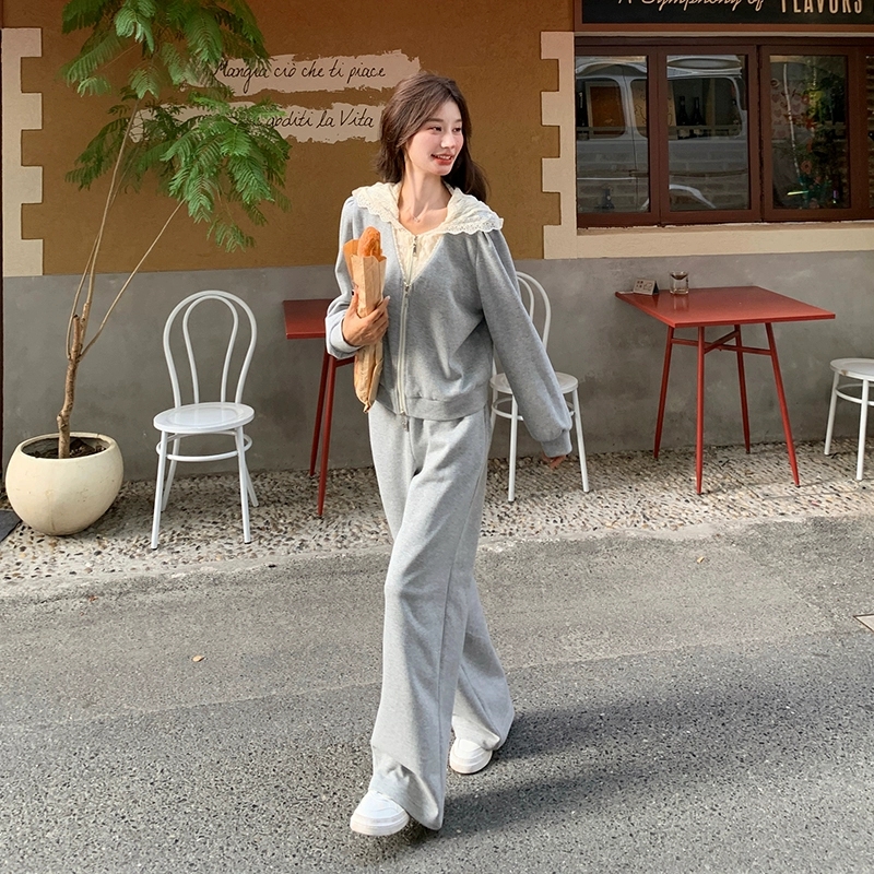 Gray design lace spliced ​​hooded sweatshirt suit for women's spring new wide-leg pants casual age-reducing two-piece set