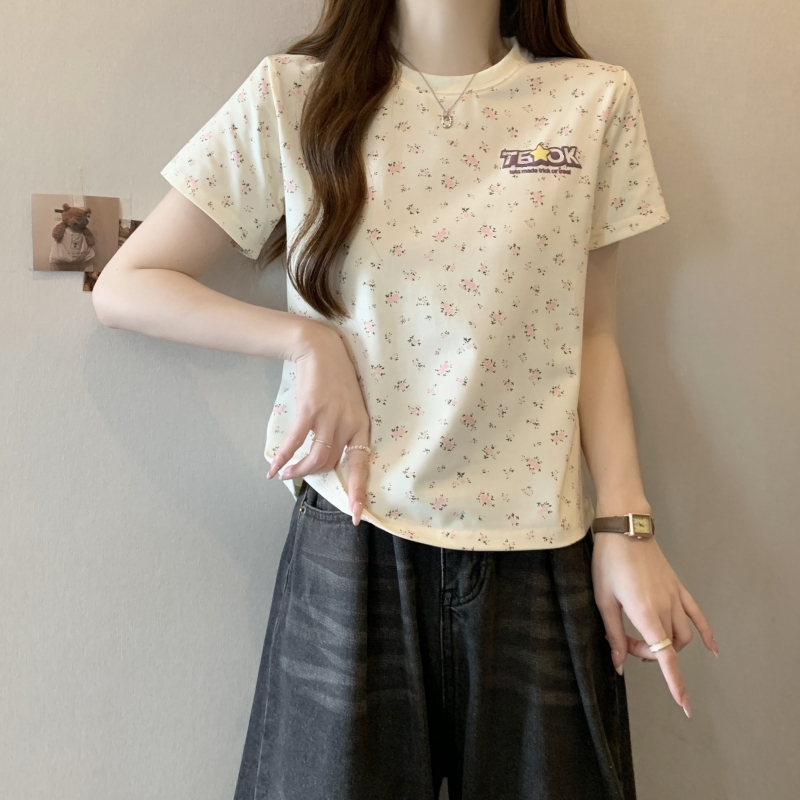 Real shot 21 pure cotton high-tight 200g short-sleeved T-shirt for women, short print foam