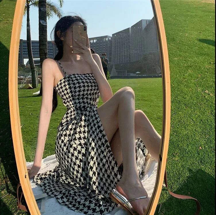 Houndstooth plaid suspender dress for women 2025 spring and summer new style waist-hugging and slimming design and temperament slit long skirt trendy