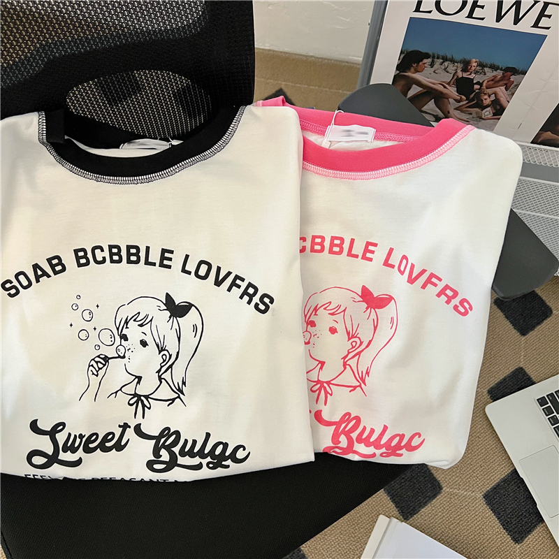 Real shot of 200g pure cotton 2025 new summer dress contrasting color splicing children's fun print short-sleeved T-shirt for women