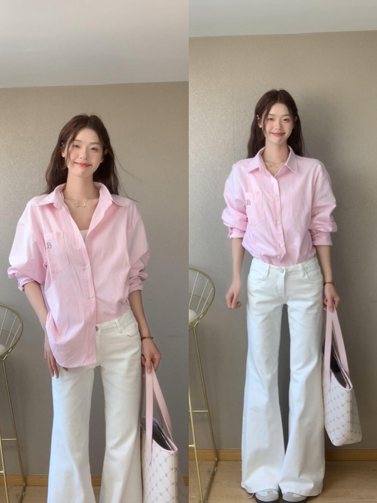 Korean version of fresh pink striped long-sleeved shirt for women in spring and autumn 2025 new style