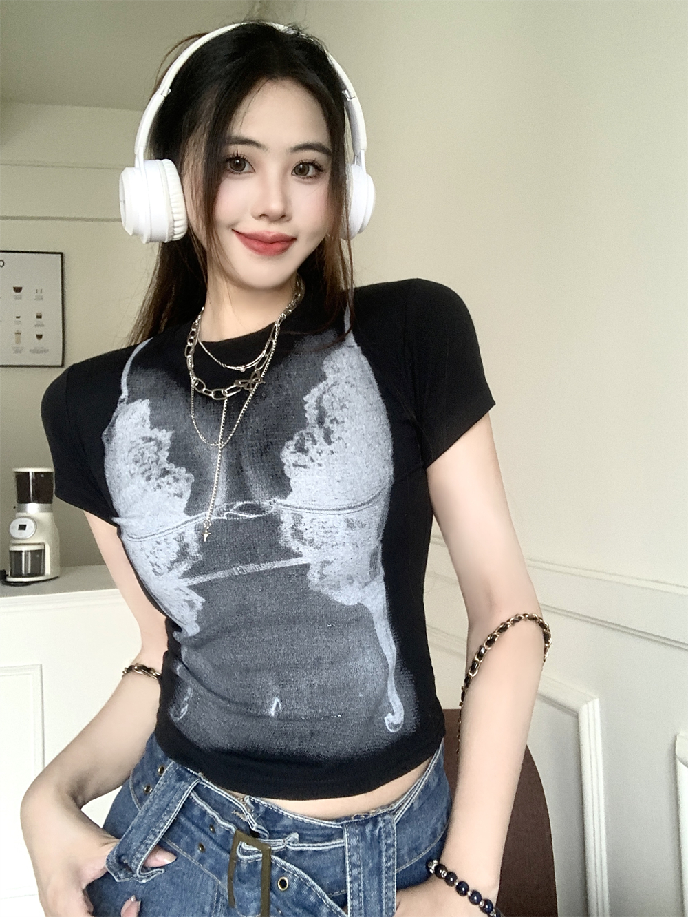 Real shot 40 pure cotton 210g 92 cotton/8 spandex short-sleeved T-shirt for women digital direct spray