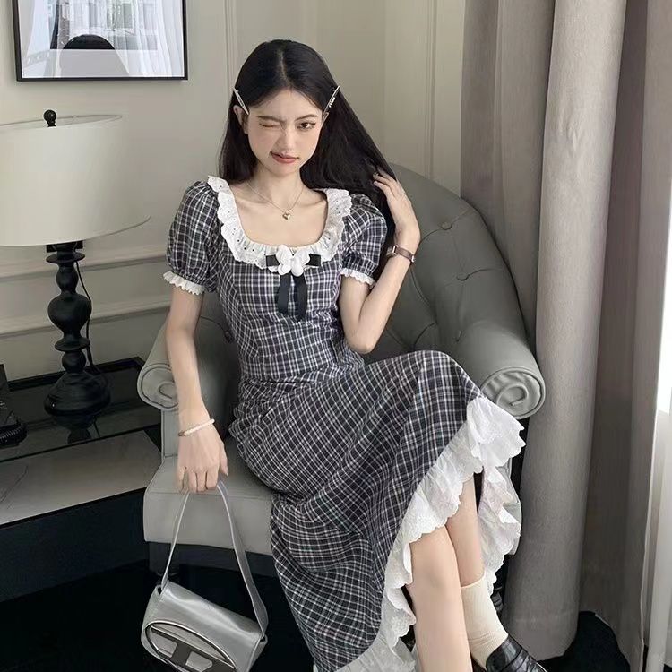 Original method + zippered college style dress with waist-hugging square neck temperament skirt French sweet long skirt
