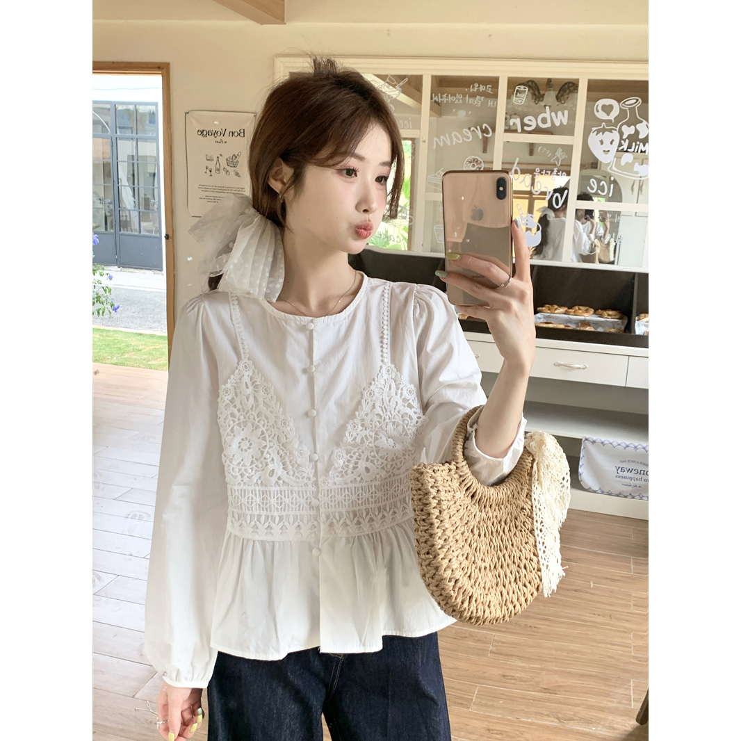2025 spring and summer suspender lace splicing fake two-piece shirt women's design French temperament long-sleeved short top