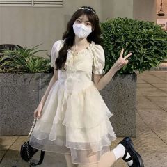Original fabric French tea break puff sleeves summer small person super fairy princess sweet waist fluffy cake skirt for women
