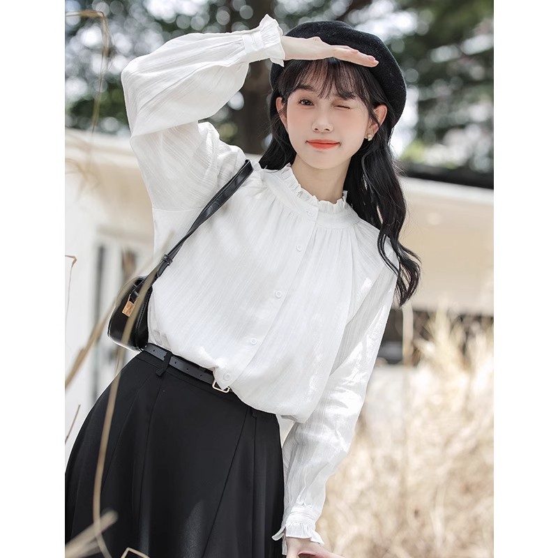 Official photo: Pure cotton, three-standard autumn French stand-up collar, black ears, white shirt for women, underwear