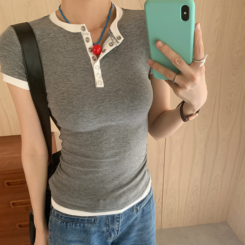 Real-life photo real price #American retro fake two-piece slim short-sleeved T-shirt for women's summer new design color-blocking versatile top