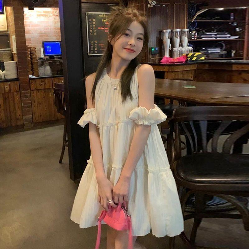Original fabric + lining off-shoulder short-sleeved dress for women's summer new sweet design skirt