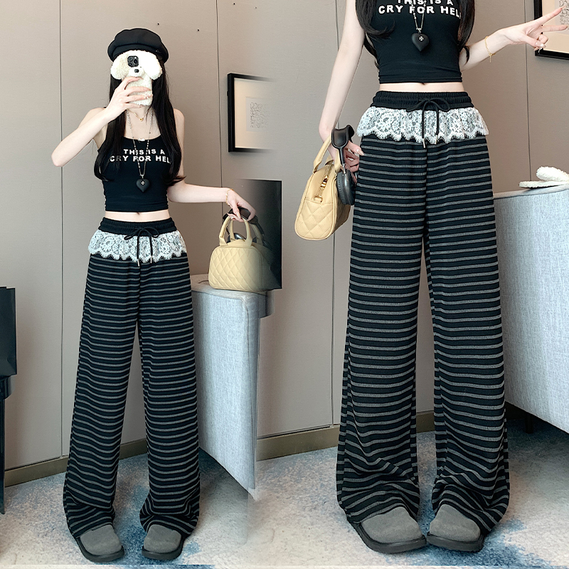 Real shot of lazy style drawstring spliced ​​lace straight pants versatile slim striped knitted casual trousers for women