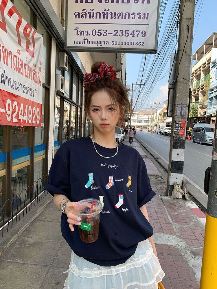 Original embroidery 19 230g pure cotton back collar shoulder American high street loose niche short-sleeved T-shirt top for women