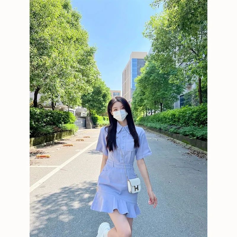 Provence fishtail blue denim dress new summer niche design high-end small person gentle style