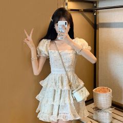 New summer fairy-like small sweet floral cake fluffy skirt tea break French waist-hugging bow dress