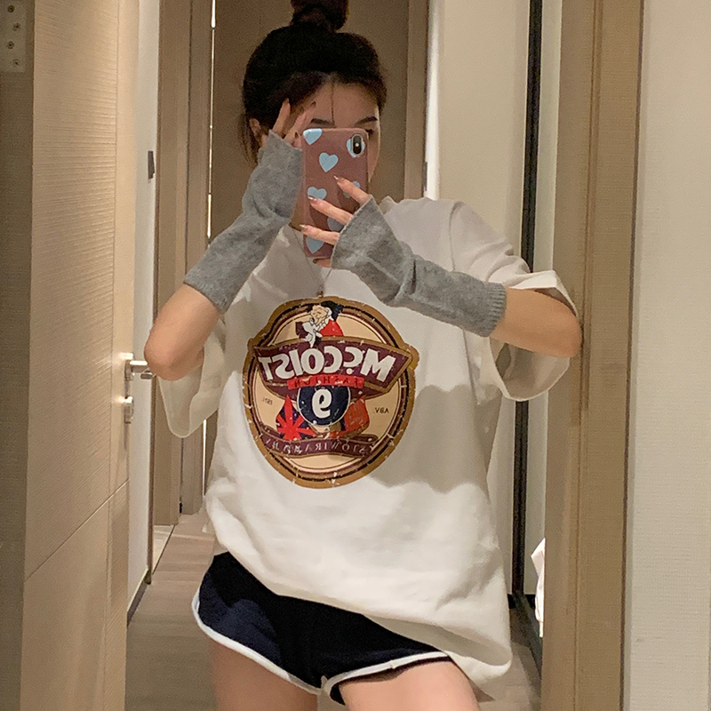 Real shot of 100 cotton shoulder-length rear collar American retro print loose casual large size medium long short sleeves