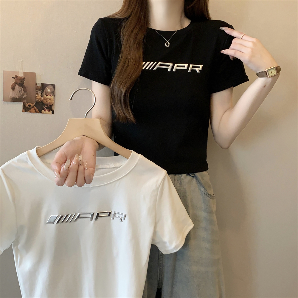 Real shot 40 pure cotton 210g 92 cotton/8 spandex short-sleeved T-shirt women's three-dimensional letters
