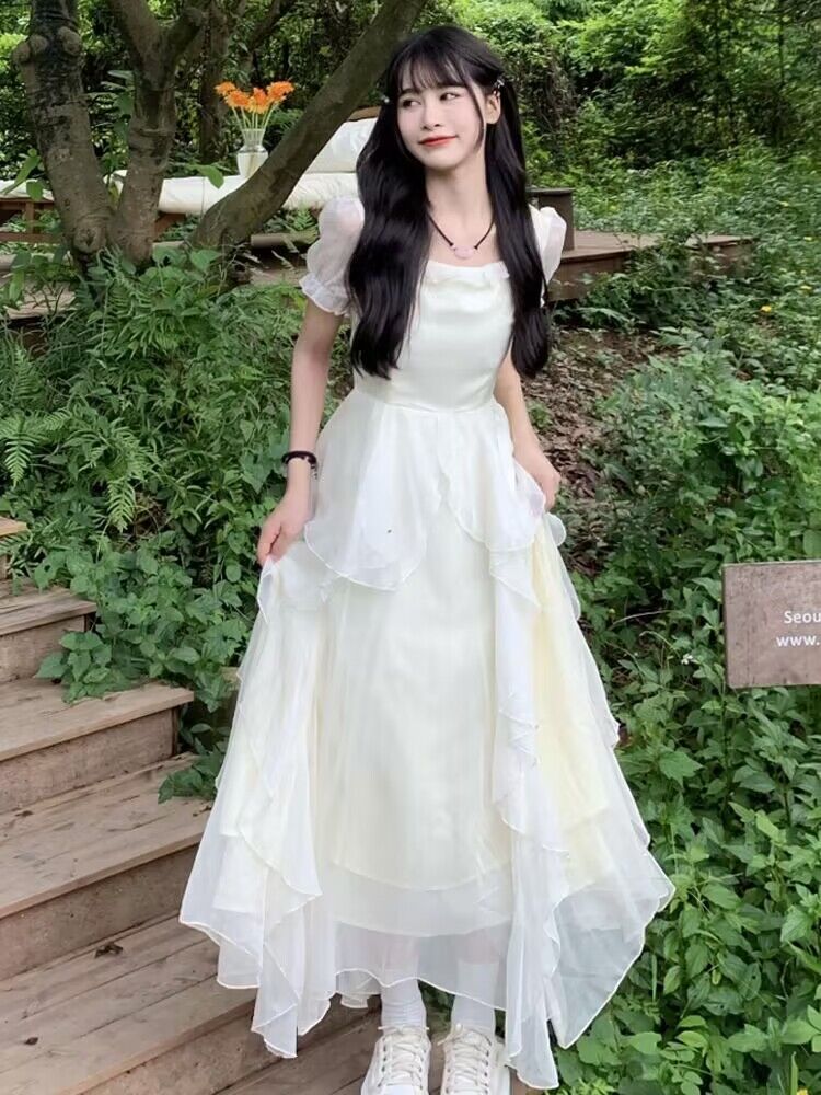 French gentle style square collar tea break skirt