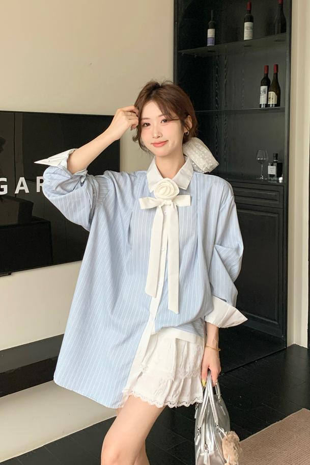 French temperament flower streamer striped shirt for women 2025 early spring loose design niche long sleeve chic top