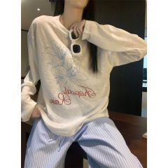 Lazy style long-sleeved round neck printed T-shirt for women in summer loose sunscreen blouse thin top