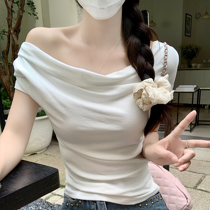Real-life price#Swing neckline straight shoulder short sleeve T-shirt for women's summer 2025 new irregular one-shoulder short off-shoulder top